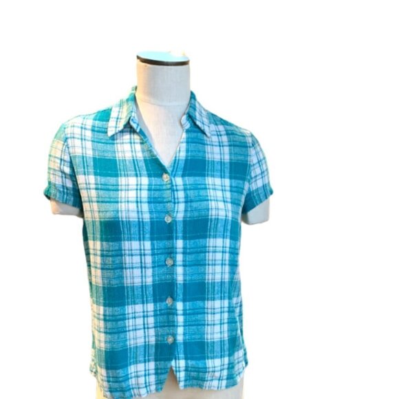 Christopher & Banks Linen Blend Plaid Short Sleeve Button Up Top Sz S #44F - Picture 2 of 8